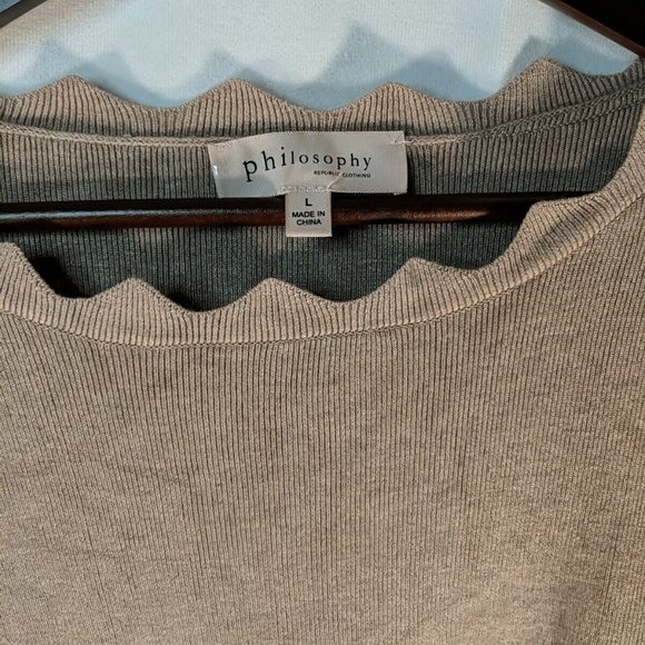 Philosophy Mauve Light Brown Scallop Hem Women's L Knit Sweater Top 3/4 Sleeve - Picture 2 of 11